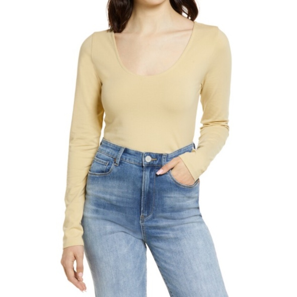 BP Crop Long Sleeve Tan Boulder Scoop Neck T-Shirt, Size XXS, NWT